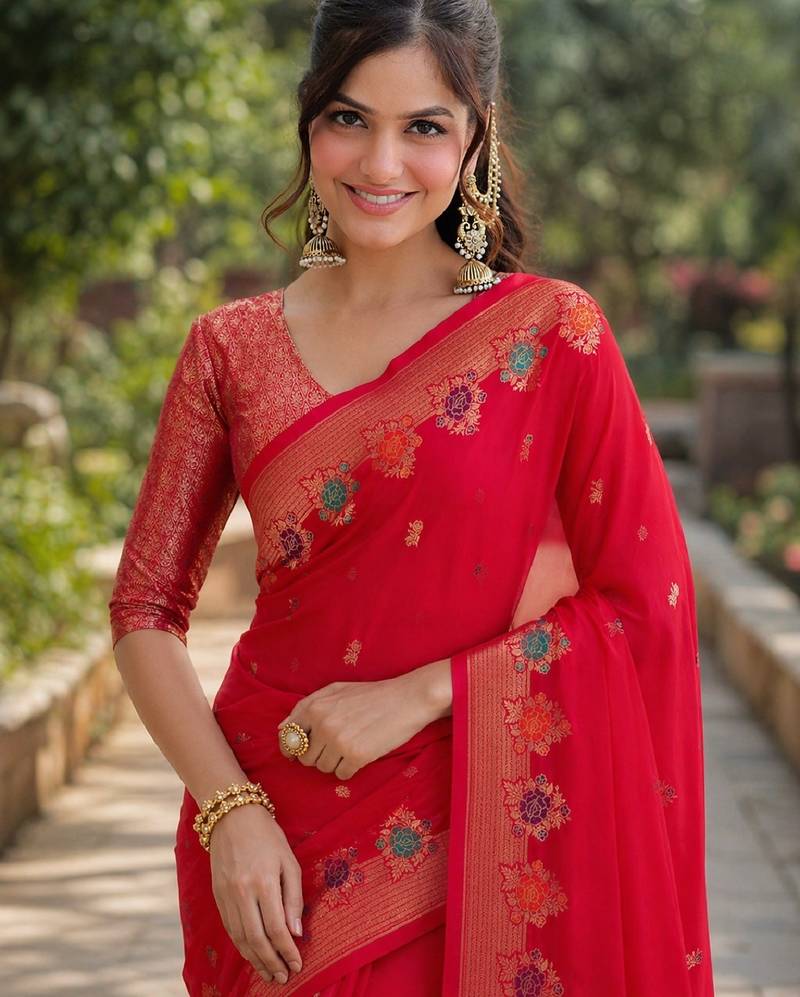 Pink soft silk banarasi jacuard work designer party wear saree with unstitched blouse piece