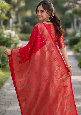 Pink silk blend banarasi saree with unstitched blouse piece 3
