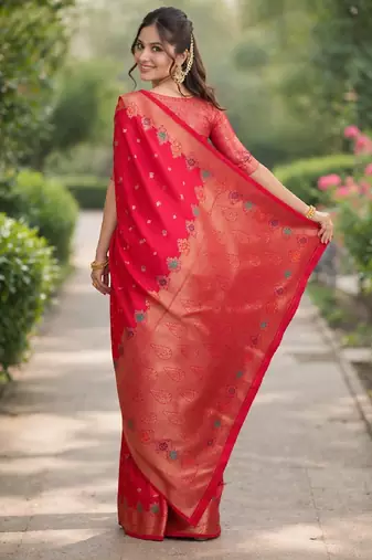 Pink silk blend banarasi saree with unstitched blouse piece