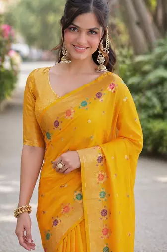 Yeloow soft silk banarasi jacuard work designer party wear saree with unstitched blouse piece