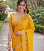 Yeloow silk blend banarasi saree with unstitched blouse piece