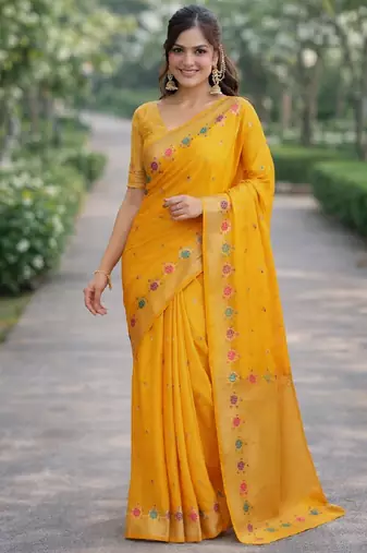 Yeloow silk blend banarasi saree with unstitched blouse piece