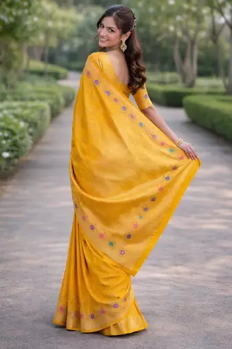 Yeloow silk blend banarasi saree with unstitched blouse piece