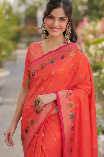 Orange soft silk banarasi jacuard work designer party wear saree with unstitched blouse piece