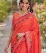 Orange silk blend banarasi saree with unstitched blouse piece