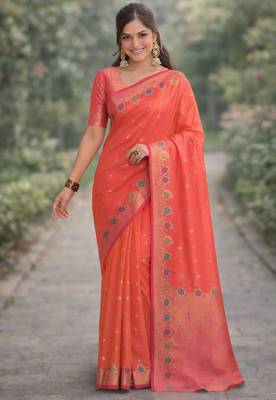 Orange silk blend banarasi saree with unstitched blouse piece 3