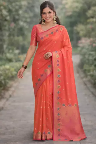 Orange silk blend banarasi saree with unstitched blouse piece