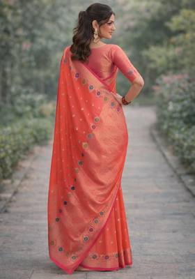 Orange silk blend banarasi saree with unstitched blouse piece 4