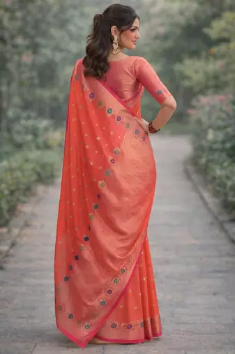 Orange silk blend banarasi saree with unstitched blouse piece