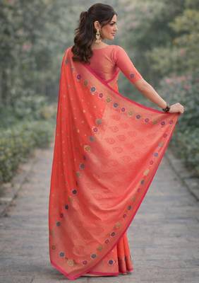 Orange silk blend banarasi saree with unstitched blouse piece 5