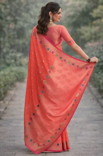 Orange silk blend banarasi saree with unstitched blouse piece