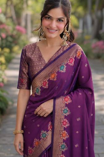 Wine soft silk banarasi jacuard work designer party wear saree with unstitched blouse piece