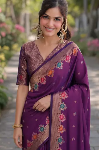 Wine soft silk banarasi jacuard work designer party wear saree with unstitched blouse piece