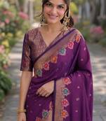 Wine silk blend banarasi saree with unstitched blouse piece