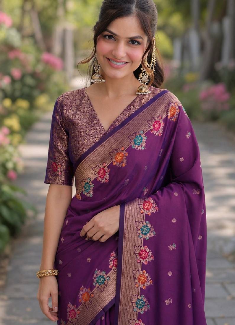 Wine soft silk banarasi jacuard work designer party wear saree with unstitched blouse piece