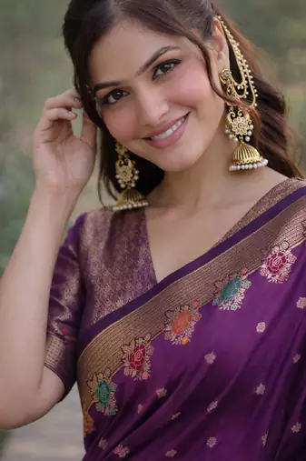 Wine silk blend banarasi saree with unstitched blouse piece