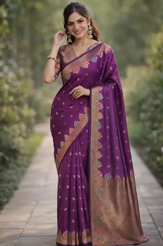 Wine silk blend banarasi saree with unstitched blouse piece