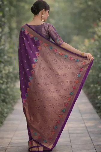 Wine silk blend banarasi saree with unstitched blouse piece