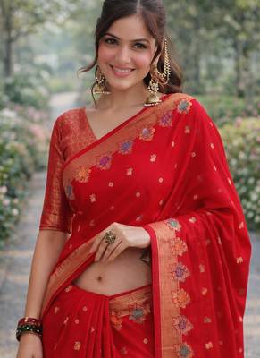 Red silk blend banarasi saree with unstitched blouse piece 1