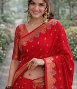Red silk blend banarasi saree with unstitched blouse piece