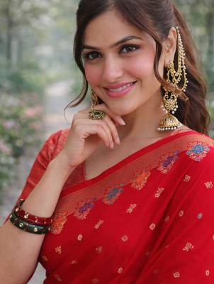 Red silk blend banarasi saree with unstitched blouse piece 2