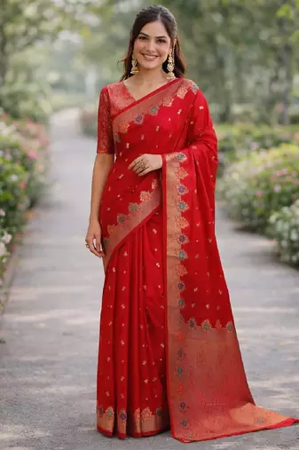 Red silk blend banarasi saree with unstitched blouse piece