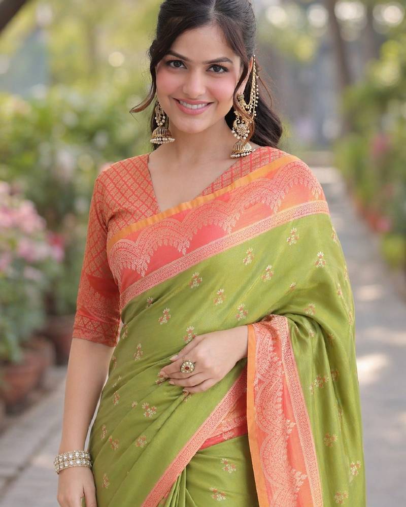 Mehendi soft silk banarasi jacuard work designer party wear saree with unstitched blouse piece