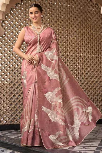 Pink pure tussar silk printed saree with blouse