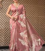 Pink pure tussar silk printed saree with blouse