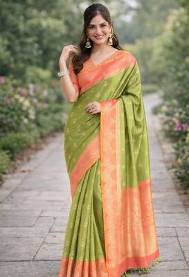 Mehendi silk blend banarasi saree with unstitched blouse piece 3