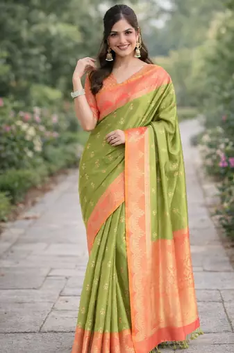Mehendi silk blend banarasi saree with unstitched blouse piece