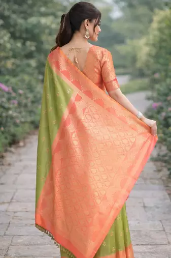 Mehendi silk blend banarasi saree with unstitched blouse piece