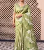 Light green pure tussar silk printed saree with blouse