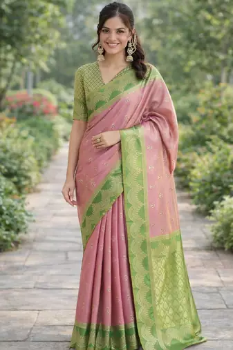 Pink silk blend banarasi saree with unstitched blouse piece