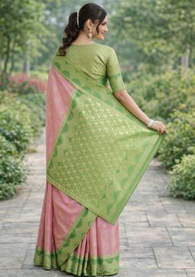 Pink silk blend banarasi saree with unstitched blouse piece 3