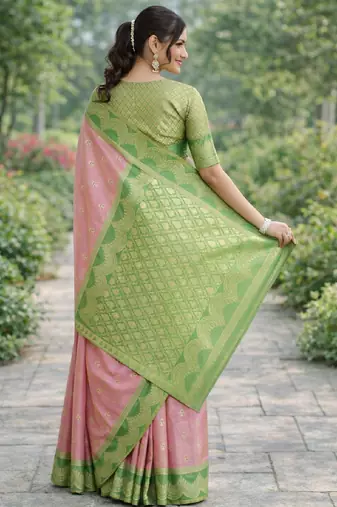 Pink silk blend banarasi saree with unstitched blouse piece