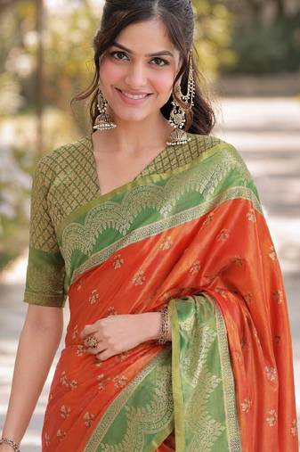 Orange  soft silk banarasi jacuard work designer party wear saree with unstitched blouse piece