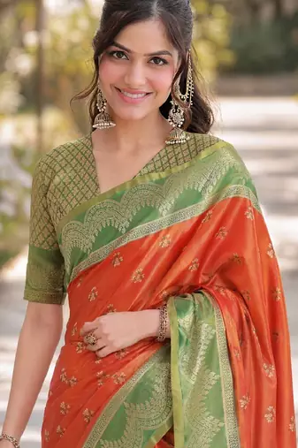 Orange  soft silk banarasi jacuard work designer party wear saree with unstitched blouse piece