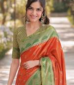 Orange silk blend banarasi saree with unstitched blouse piece