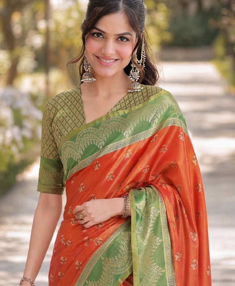 Orange  soft silk banarasi jacuard work designer party wear saree with unstitched blouse piece
