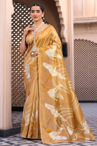 Mustard pure tussar silk printed saree with blouse