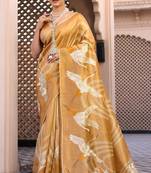 Mustard pure tussar silk printed saree with blouse