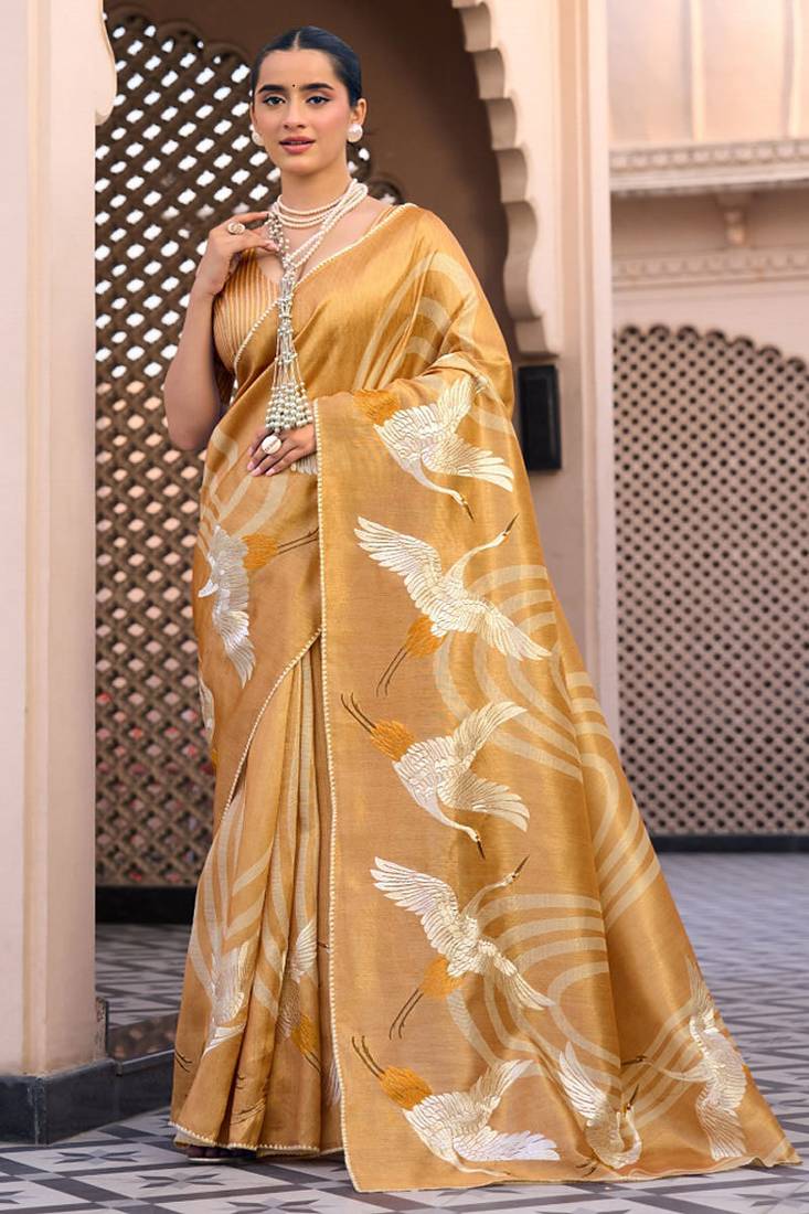 Mustard pure tussar silk printed saree with blouse