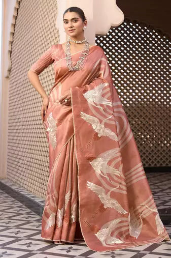 Peach pure tussar silk printed saree with blouse