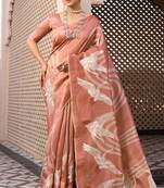 Peach pure tussar silk printed saree with blouse
