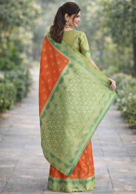 Orange silk blend banarasi saree with unstitched blouse piece 4