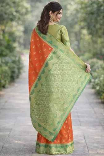 Orange silk blend banarasi saree with unstitched blouse piece