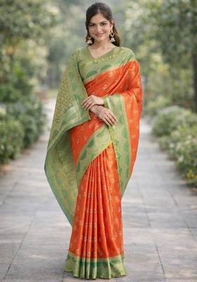 Orange silk blend banarasi saree with unstitched blouse piece 5