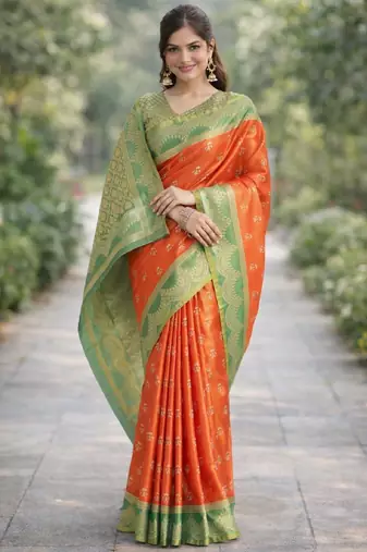 Orange silk blend banarasi saree with unstitched blouse piece