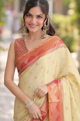 Cream  soft silk banarasi jacuard work designer party wear saree with unstitched blouse piece